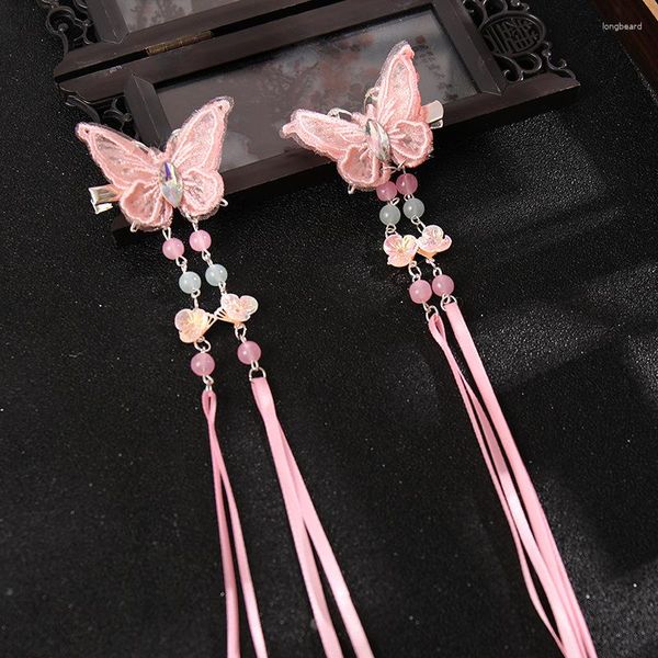 Pinces à cheveux 2 pièces papillon fleur épingle à cheveux avec long gland et perruque Style chinois mignon Vintage coiffure Hanfu vêtements accessoires LB