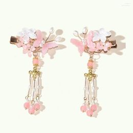 Pinces à cheveux 2 pièces fleur épingle à cheveux avec gland Style chinois mignon Vintage coiffure Hanfu vêtements accessoires pour petites filles HSJ88