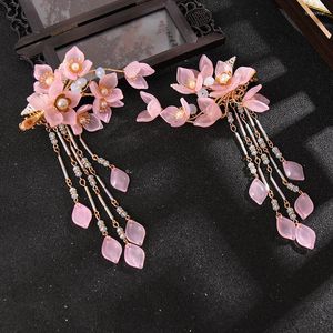 Haarclips 2 stks bloemhaarspeld met kwast Chinese hanfu accessoires roze bloemen parel vintage meisjes bruiloft sieraden