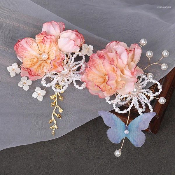 Pinces à cheveux 2 pièces Barrettes de luxe papillon perle tissu fleur épingle à cheveux Hanfu accessoires pour femmes filles