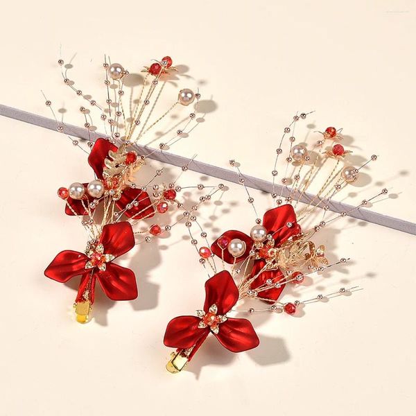 Barrettes à cheveux faites à la main, 2 pièces, fleur rouge, accessoires de coiffure pour fête de mariage, ornements pour mariées