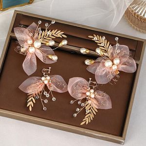 Pinzas para el cabello 3 piezas Big Pearl Hairgrips Pink Ribbon Pins Pendientes Set Tiaras Vines Accesorios de boda Diademas nupciales