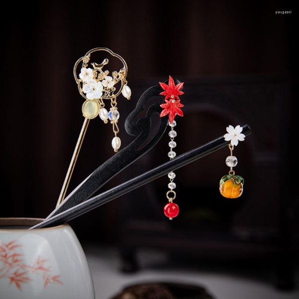 Pinces à cheveux 3 pièces/paquet de luxe en métal en bois bâton fleur pinces à cheveux Hanfu épingle à cheveux accessoires pour femmes