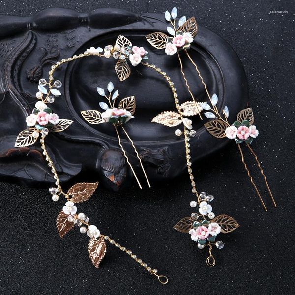 Pinzas para el cabello 4 Uds., diadema de flores rosas a la moda para el cabello de boda, horquillas de perlas de imitación de estilo Vintage, accesorios para fiestas Qween