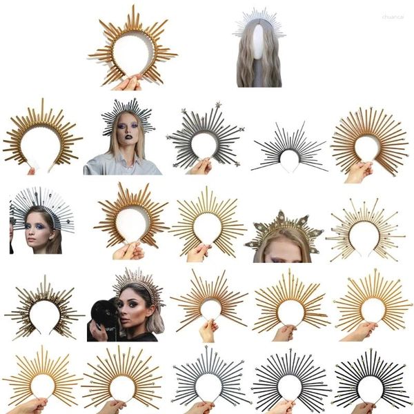 Clips para el cabello 652F Diadema con halo de María Diadema de diosa del sol griega con púas Corona de tiara barroca