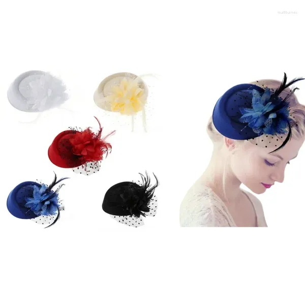 Pinces à cheveux accessoires mode Sexy femmes fascinateur Cocktail thé fête chapeau mariage église chapeaux avec voile fleur plume