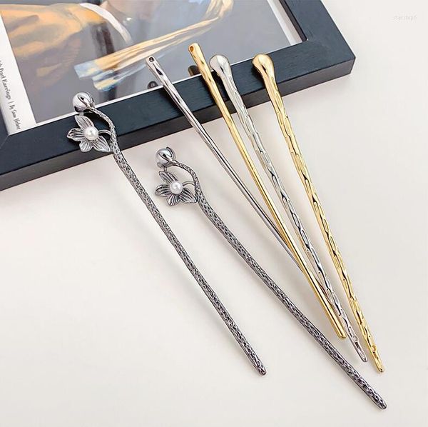 Pinzas para el cabello estilo chino antiguo elegante DIY Lotus Pearl Stick Metal flor tenedor palillos horquilla mujer accesorios de joyería