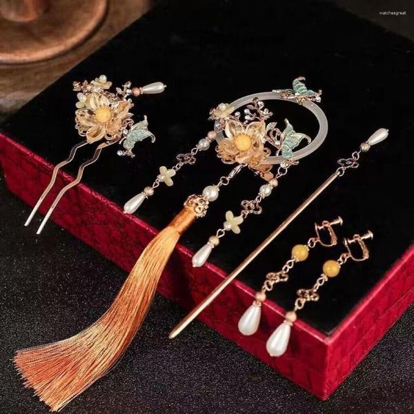 Pinzas para el cabello Flor de metal antigua para mujer con adorno de flecos naranja Juego de 5 aretes