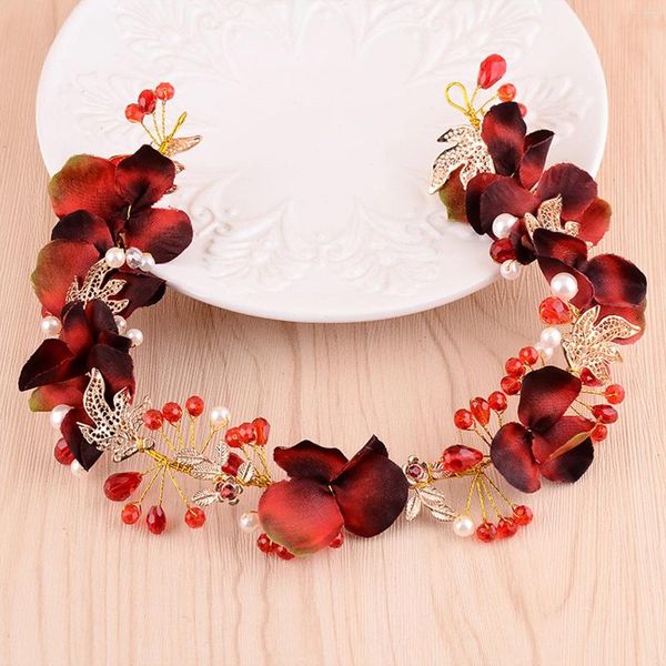 Pinces à cheveux fleur artificielle bandeau diadèmes de mariage pour femmes rouge Floral perle bandeau élégant filles cerceau chapeaux de mariée bijoux