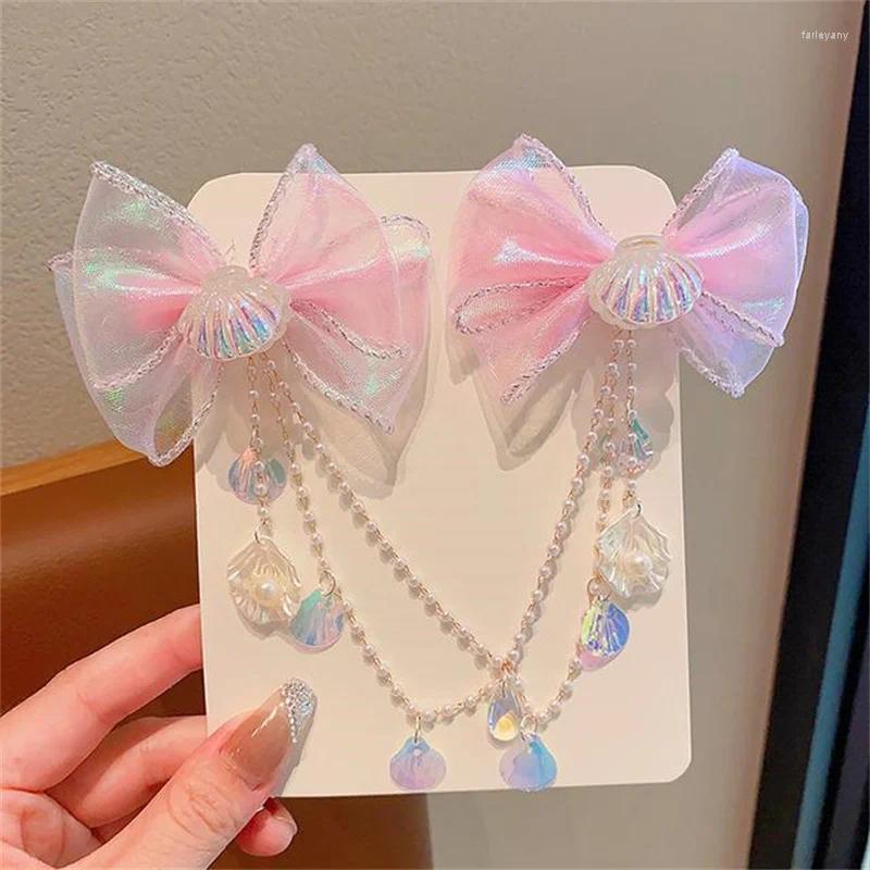 Hair Clips Baby Cute Mermaid Princess Pearl Tassel Bow Forehead Chain Clip Children Accessories Girls