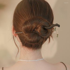 Pinzas para el cabello con borlas de bambú, horquilla de madera, colgante de Jade de imitación moderno, Accesorios en espiral elegantes chinos, Tiaras para el cabello para mujeres