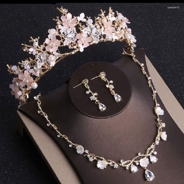 Pinces à cheveux Baroque couleur or papillon cristal ensemble de bijoux de mariée strass collier ras du cou boucle d'oreille diadème couronne mariage