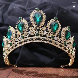 Pinces à cheveux baroques couleur or vert couronne accessoires de luxe grand diadème en cristal pour femmes coiffure de mariage bijoux de concours de mariée