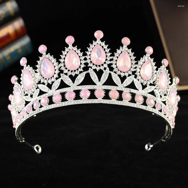 Clips de cheveux baroque Couleur argenté de luxe rose Opale Crystal Tiaras Crown Righestone Pageant Diadem Headpices Accessoires de mariage