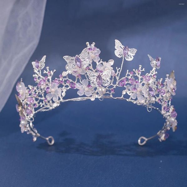 Pinces à cheveux baroques couleur argent violet cristal papillon diadèmes de mariée couronnes casque strass Pageant diadème accessoires de mariage