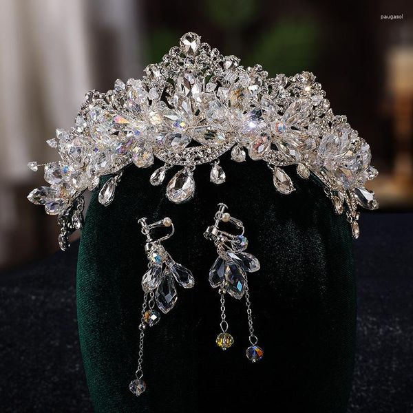 Pinzas para el cabello, diadema de boda barroca, coronas nupciales de cristal, conjunto de pendientes, Tiaras, accesorios de joyería, diadema, tocado para la frente