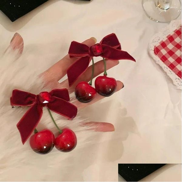 Barrettes à cheveux Barrettes 1pcs Red Veet Cherry Hairpin Sweet Bowknot Tissu Bow Clip Côté Étudiant Drop Livraison Bijoux Hairjewelry Otwmk