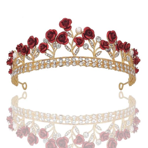 Coix de cheveux Barrettes 2021 Luxury Red Rose Flower Ornement Crystal Jewelry Crown Couronne Accessoires de mariage coréens Bridal