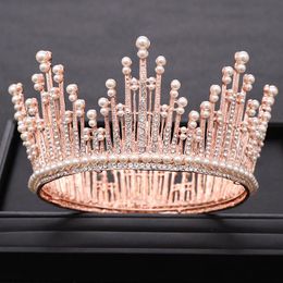 Haarclips Bronrettes Ailibride Rhinestone Pearl Rose Gold Round Big Crown For Wedding Tiara Catwalk Dress Bridal Headpiece Jewelry Accesso
