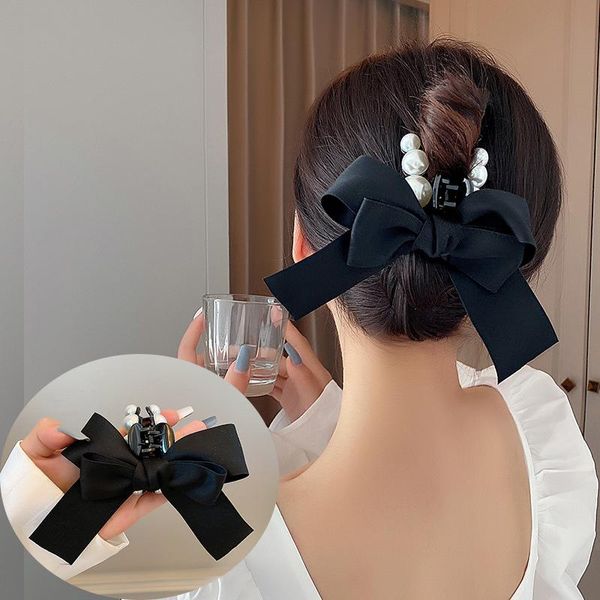 Pinzas para el cabello pasadores AMORCOME elegantes perlas grandes acrílico garra tela cinta Bowknot maquillaje para mujeres accesorios tocados