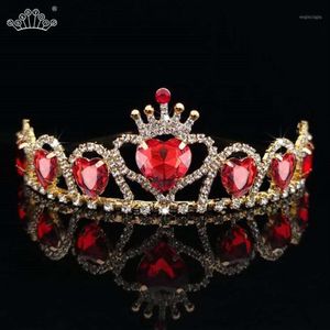 Barrettes à cheveux baroques couleur or diadèmes coeur rouge reine princesse couronnes bandeau en cristal enfants filles accessoires de mariage J253g