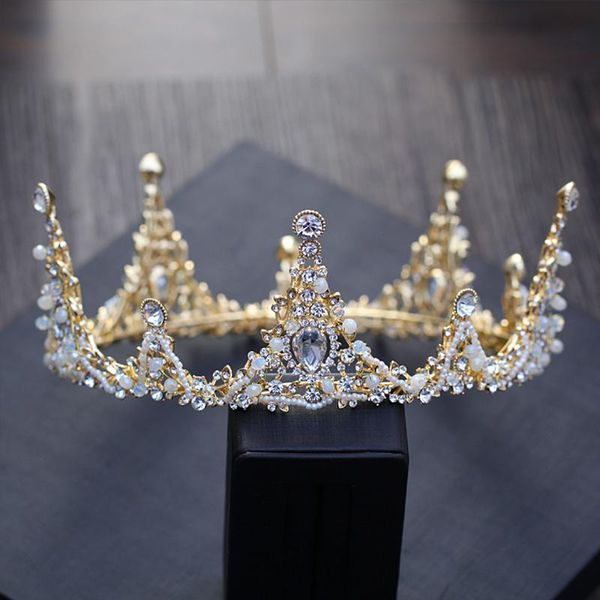 Pinzas para el cabello Barrettes Corona de oro barroco Tiara nupcial redonda Boda Círculo completo Cristal Princesa Pieza para la cabeza Joyería Diademas Diademas