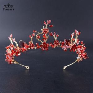 Barrettes à cheveux baroques faites à la main, couronne de cristal élégante, diadème de princesse rouge, ornements en strass, bandeau de bal, mariée, mariage 198j