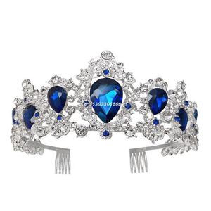 Haarspeldjes Haarspeldjes Barok Royal Queen Gold Wedding Crown Crystal Princess Tiara Hoofdbanden Blauw Dropship232b