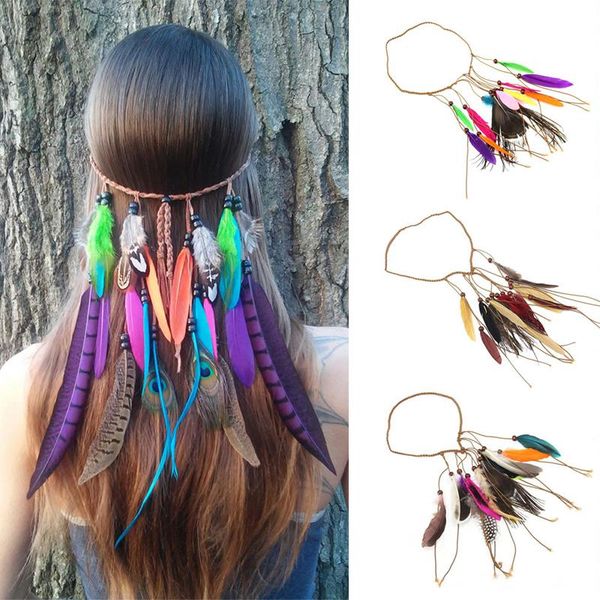 Pinzas para el pelo para mujer, pasadores, cintas bohemias para Festival, diadema Hippie, tocado bohemio, banda de plumas de pavo real, accesorios