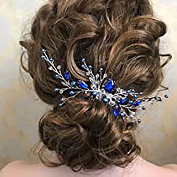 Pinces à cheveux Barrettes Chapeaux de mariée Bleu Strass Bandeau Ensemble de bijoux Boucles d'oreilles à fleurs Accessoires de mariage pour femmes Peigne Diadèmes