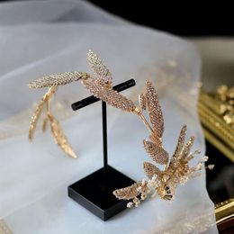 Haarspangen Haarspangen Braut Elegante Kristallperlen Blumen Haarband mit Ohrringen Gold Retro Blätter Kopfstück Luxus Stirnband Wed313H