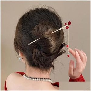 Haarspeldjes Haarspeldjes Chinese Stok Rode Roos Bloemen Haarspeld Tiara's Voor Vrouwen Kwastje Metaal Klassiek Meisjes Broodje Sieraden Meisje Retro Bijoux D Ot1Uo