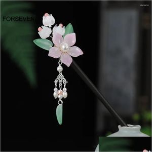 Pinces à cheveux Barrettes Style chinois Bâtons Fourchettes Fleur Rose Épingles à cheveux pour femmes et filles en bois à la main Porte-chignon Pendentif Bijoux Dr Ot1Gz