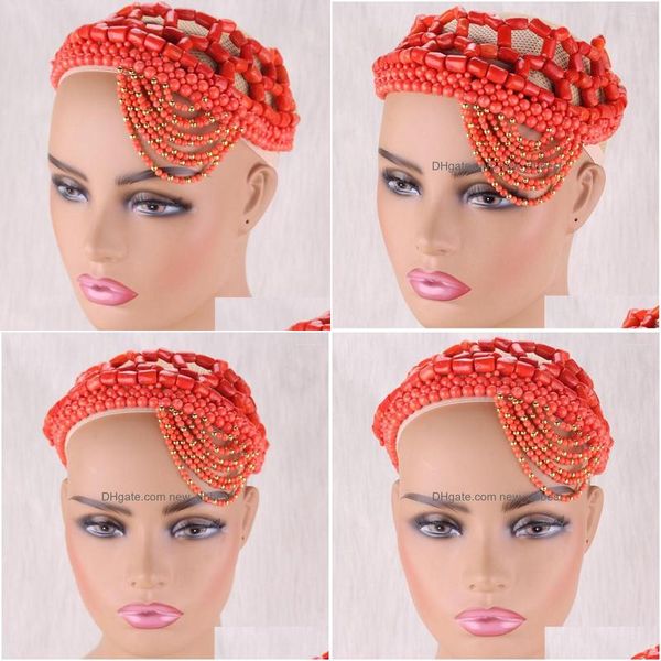 Pinzas para el cabello Barrettes Dudo African Coral Beads Jewelry Set Cap Hecho a mano Tradicional Tocado de boda para la novia nigeriana 2022 Natur Dhgkz