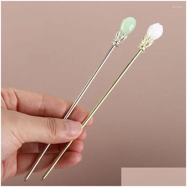 Clips para el cabello Barrettes Chica elegante Regalo Vintage Aleación Hanfu Adorno Imitación Jade Horquilla Estilo chino Cierre Mujeres Stick Tenedor Gota D Otukq