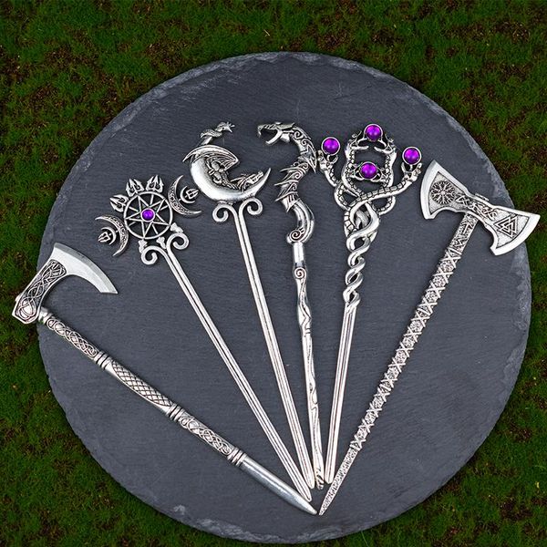 Pinces à cheveux Barrettes Ethic Dragon Hairsticks Argent Hache Épée Accessoires Sorcière Serpent Triple Lune Pentagramme Épingle À Cheveux StickHair