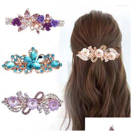 Pinzas para el cabello Barrettes Moda Crystal Flower Clip Horquillas para mujeres Rhinestone Bow Knot Barrette Hairgrips Accesorios Drop Delivery J Ot46D