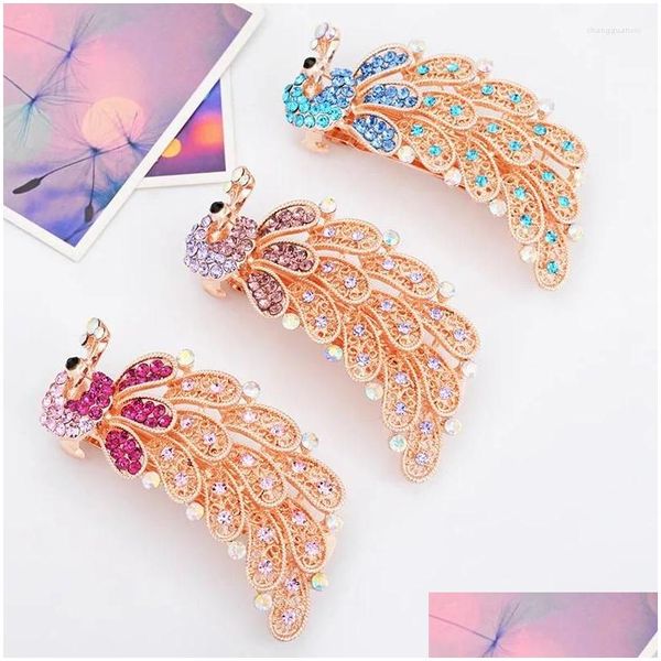 Clips para el cabello Barrettes Moda Metal Clip de resorte Rhinestone Peacock Flower Horquilla Headwear para mujeres Crystal Barrette Accesorios Drop Othz6