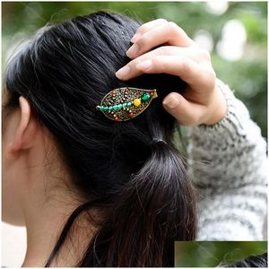 Haarclips Bronrettes Fashion Nature Stones Vintage Hairjewelry gekleurde steen Etnische Thailand Copper Alloy Leaf Drop Delivery Sieraden Dhnce