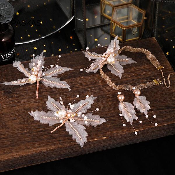 Clips de cheveux Barrettes Fenal Head Ornement avec boucles d'oreilles Set Bride Corée Perle Calé Fleurs Robe de mariée Accessoires Crystal tissés Crystal Epin