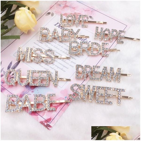 Clips para el cabello Barrettes Gold Crystal Rhinestone Carta Clips para el cabello Chica Horquilla Bling Diamond Palabras Barrettes Moda Bangs Clip Mujer Dhczx