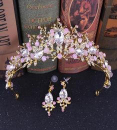Clips de cabello Barrettes Gold Wedding Crown Tiaras nupciales con pendientes Diadema púrpura rosa para mujeres y niñas Pink12550896