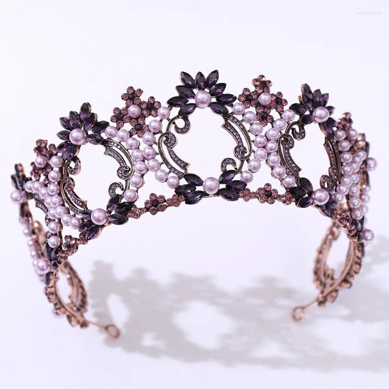 Hårklämmor Barrettes Hårklipp Barock Bronze Black Purple Crystal Pearl Round Bridal Tiaras Crowns Rhinestone Diadem Brud Bodband Bröllopstillbehör