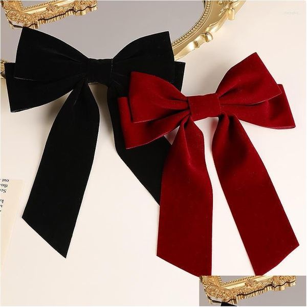 Barrettes à cheveux Barrettes Barrettes Accessoires Filles Noir Rouge Gros Veet Bow Pour Femmes Vintage Mariage Long Ruban Coréen Pin Otgaw