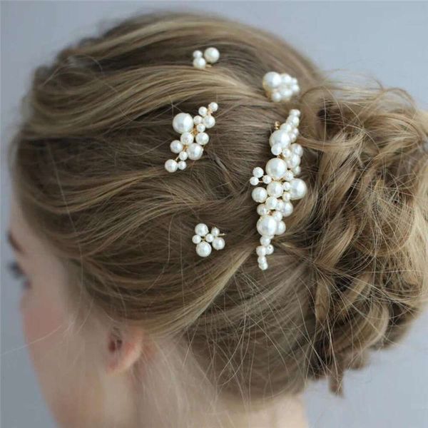 Barrettes à cheveux Barrettes Pinces à cheveux SLBRIDAL fait à la main avec fil doré perles simulées peigne de mariage épingles autocollants ensemble accessoires de mariée bijoux pour femmes