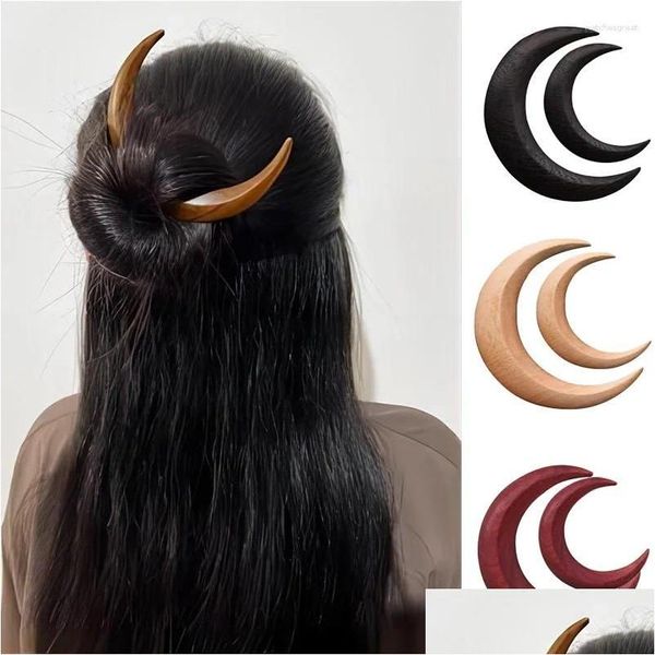 Pinzas Para El Cabello Pasadores Tenedor De Media Luna Tallado A Mano Horquilla De Luna De Madera Simple Moderno De Gama Alta Rizado Medio Diario Entrega Directa Artesanal Otzie