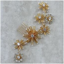 Clips para el cabello Barrettes Hecho a mano Exquisito Color Oro Copo de nieve Peine nupcial Precioso Cristal Horquilla Pendientes para mujer Tiara Accessoessorie Otknj