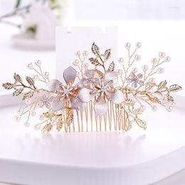 Pinces à cheveux Barrettes à la main fleur accessoires de mariage peignes de perles d'or pour ornements fille cristal femmes mariées bijouxHair Tris22