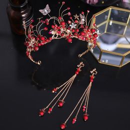 Pinces à cheveux Barrettes faites à la main rouge simulé perle diadème et couronne papillon Vintage or princesse diadèmes gland boucle d'oreille étoiles mariage Bri