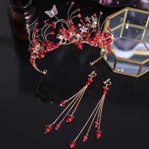 Haarclips Handmade handgemaakte rood gesimuleerde Pearl Tiara en Crown Butterfly Vintage Gold Princess Diadeems Tassel Earring Stars Wedding Bri